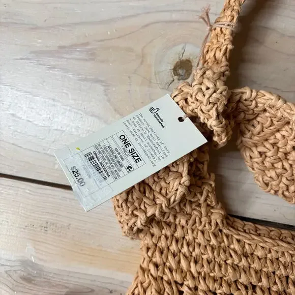 A New Day NWT Women's Straw Woven Tie-Top Shoulder Bag Light Brown Adj Strap - Picture 5 of 8